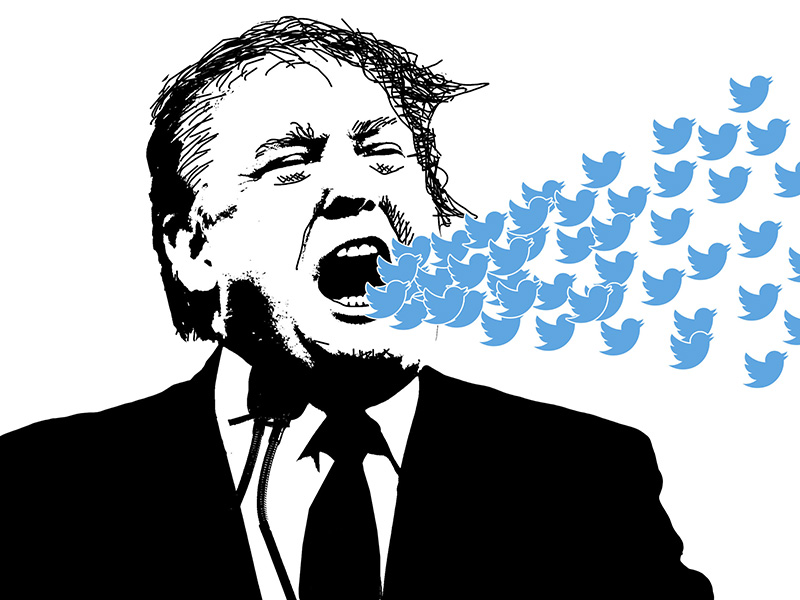 Image vectorielle de Donald Trump, la bouche ouverte d'où s'échappe une envolée d'oiseaux bleus, icône de Twitter.