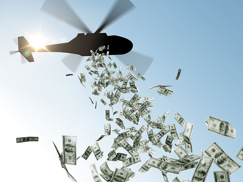 Hélicoptère larguant des billets de banque.