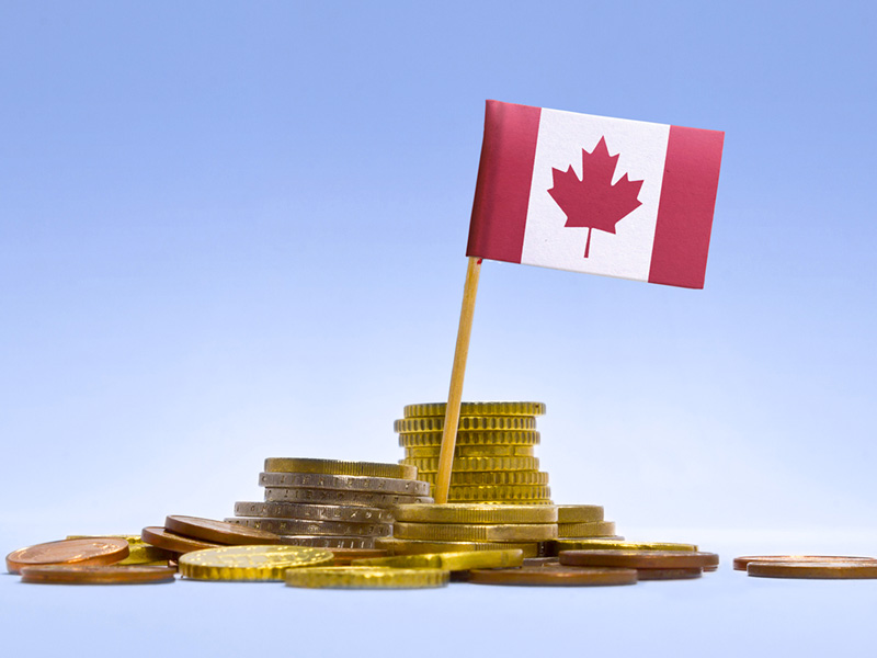 Drapeau du Canada planté dans une pile de pièces de monnaie.