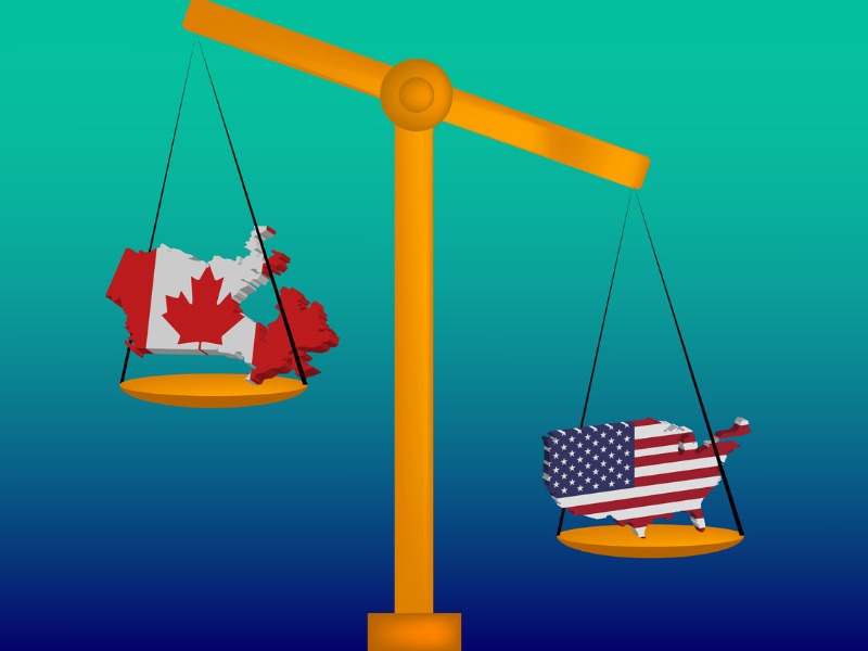 Le Canada et les USA sont sur une balance. Le Canada est plus haut que les USA.