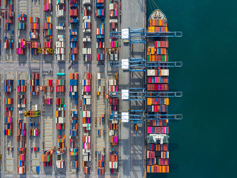 Aerial view cargo ship terminal
