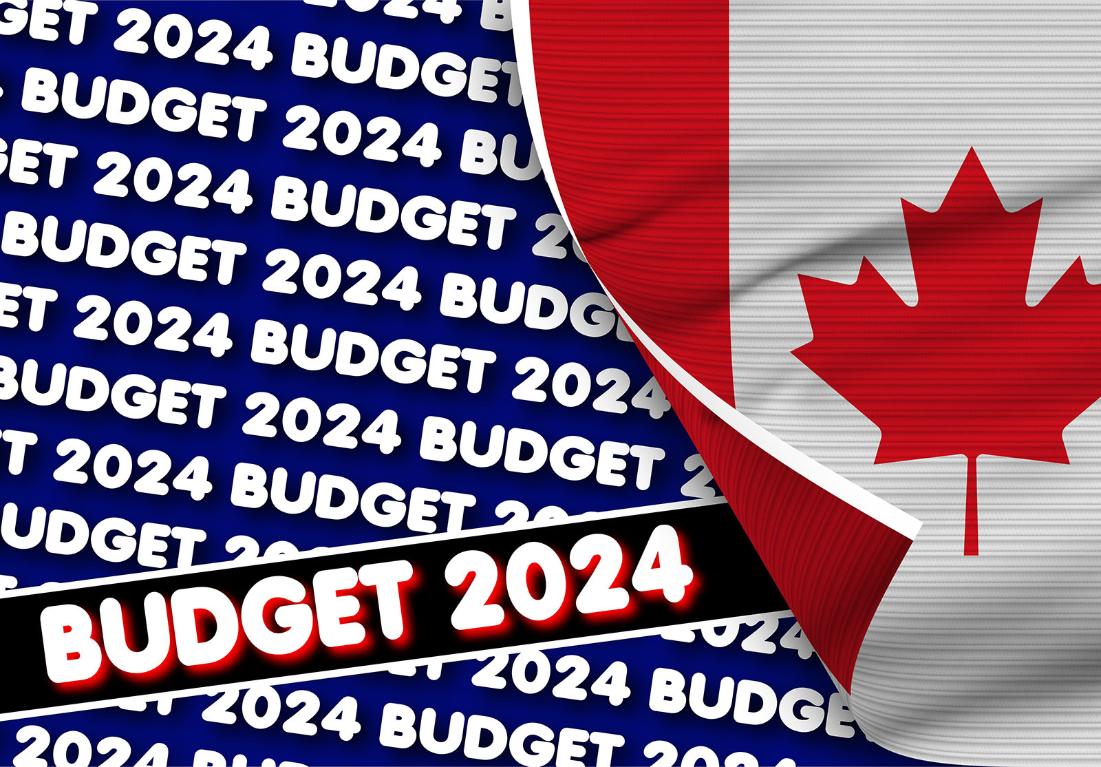Drapeau réaliste du Canada avec budget 2024 Titre Texture tissu Effet