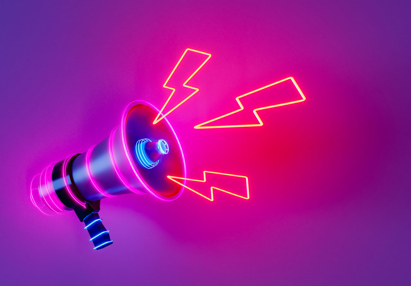 Panorama 3D d'un haut-parleur lumineux avec des éclairs néon faisant une annonce sur fond violet