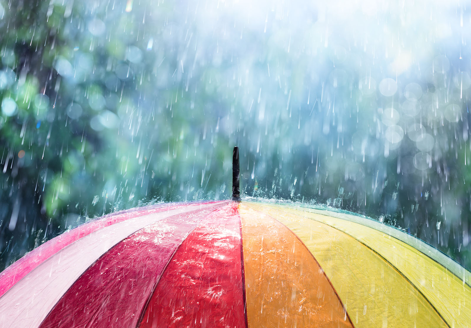 Un parapluie multicolore sous la pluie.