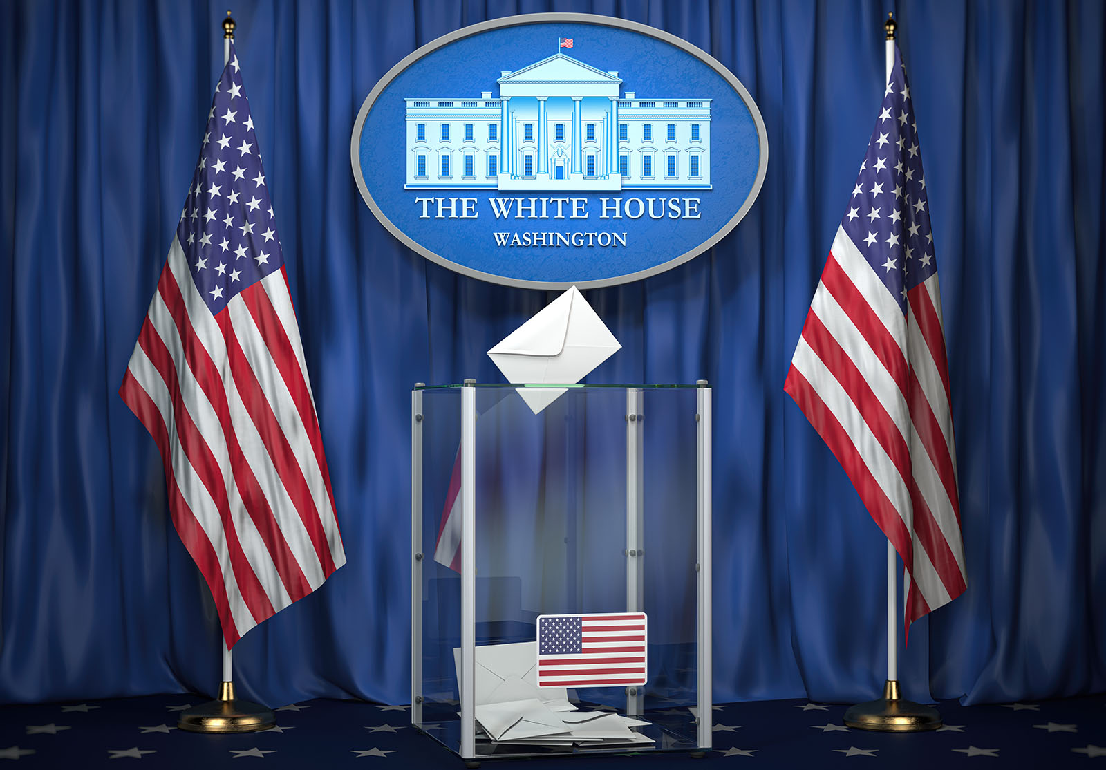 Concept d'élection présidentielle américaine. Urne avec drapeaux américains et signe de la Maison Blanche. Illustration 3d